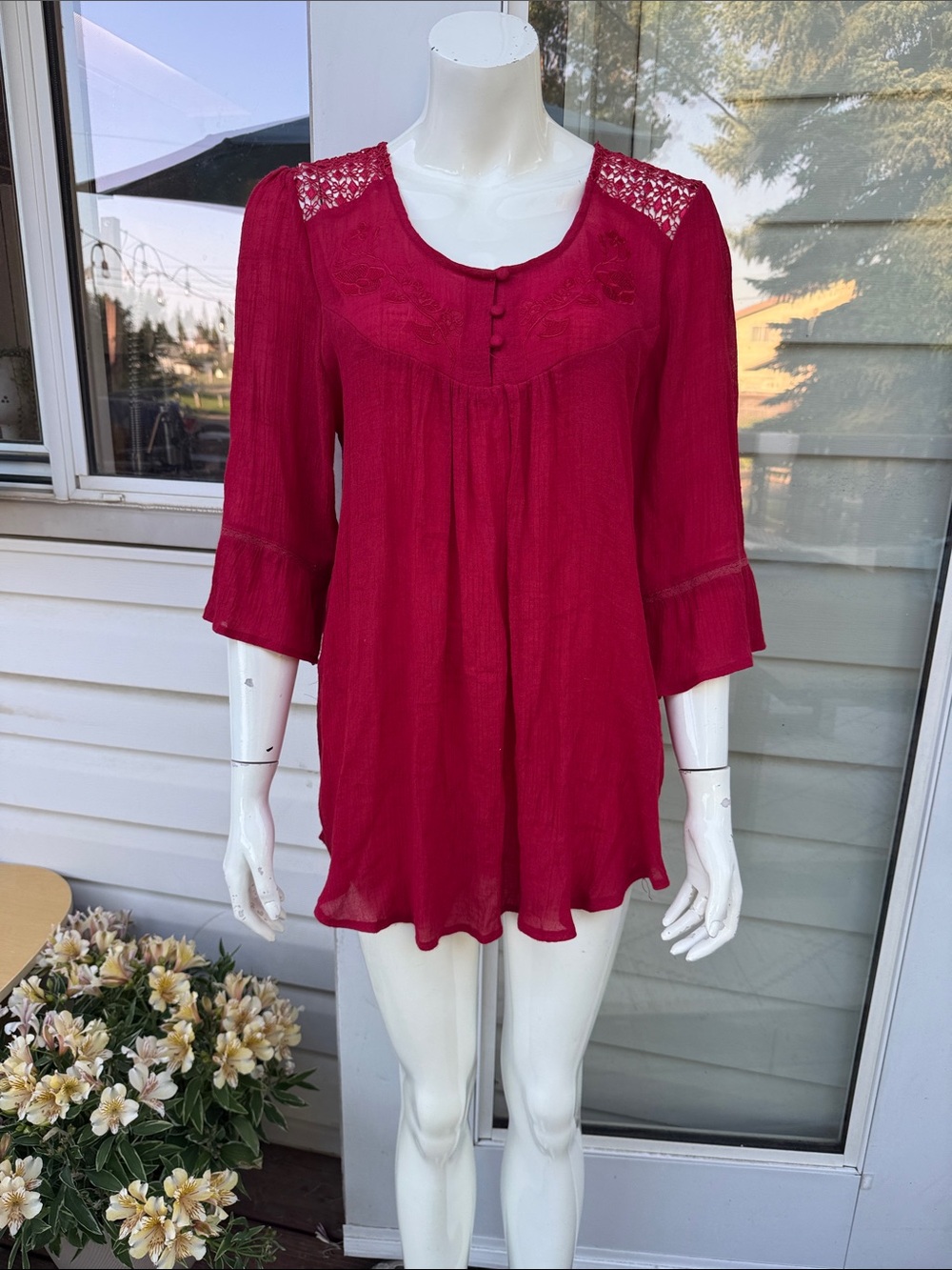 Papillon Women’s Red Lace-Yoke Peasant boho  Blouse XL
